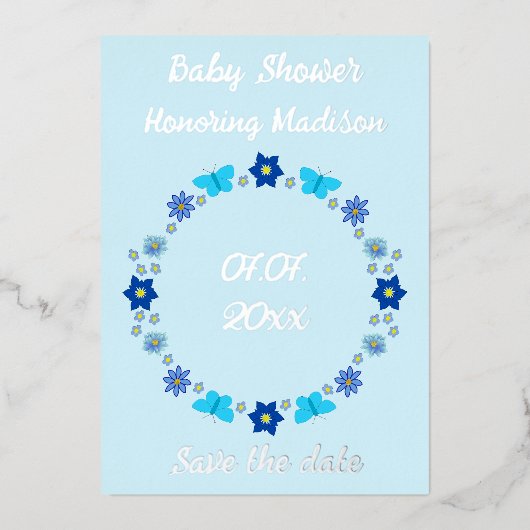 Carte De Vœux En Aluminium Bébé bleu papillons et fleurs Enregistrer la date (Recto)