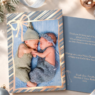 Carte De Vœux En Aluminium Bébé élégant Premier Noël Rayures & Nœud Doré
