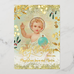 Carte De Vœux En Aluminium Bébé Jésus Joyeux Noël religieux or
