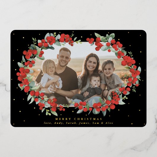 Carte De Vœux En Aluminium Berry rouge noir + Eucalyptus Photo de Noël (Recto)