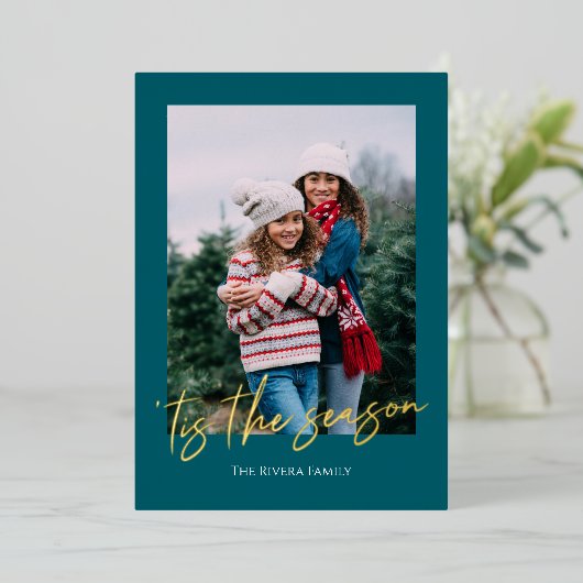 Carte De Vœux En Aluminium Big Script Foil Single Photo Holiday Card (Debout devant)