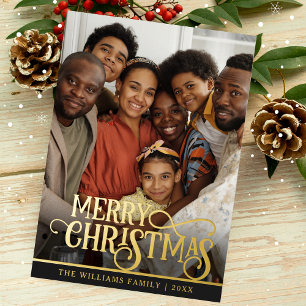 Carte De Vœux En Aluminium Black and Gold Real Foil One Photo Joyeux Noël