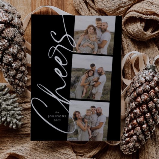 Carte De Vœux En Aluminium Black & White Cheers Élégant Script Noël