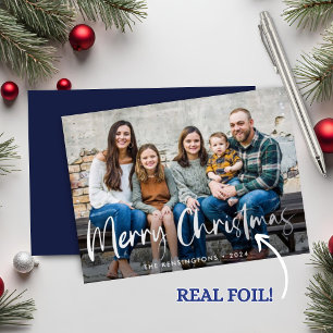 Carte De Vœux En Aluminium Bleu Argent Script Noël Photo de Noël