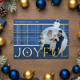 Carte De Vœux En Aluminium Bleu classique Plaid Joyful Bulb Photo