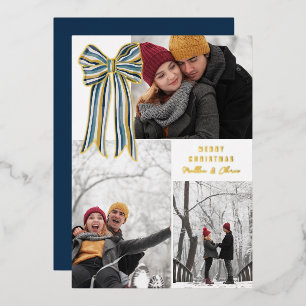 Carte De Vœux En Aluminium Bleu jaune or rayé Bow Joyeux Noël Photo