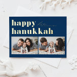 Carte De Vœux En Aluminium Bleu Retro Typographie Happy Hanoukka Deux photos<br><div class="desc">Heureux Hanoukka ! Envoyez vos salutations Hanoukka à votre famille et à vos amis avec cette carte photo personnalisable Hanoukka. Il présente une typographie rétro et audacieuse. Personnalisez en ajoutant vos détails. Cette carte Hanoukka personnalisée est disponible sur d'autres couleurs et cartons. Des éléments correspondants sont disponibles.</div>