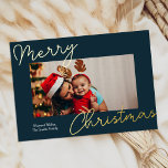Carte De Vœux En Aluminium Blue Gold Calligraphy Joyeux Noël Simple Photo<br><div class="desc">Blue Gold Calligraphie Joyeux Noël Simple Photo Real Foil Carte de vacances. Envoyez des voeux de vacances avec des photos à vos proches avec cette carte de vacances Foil moderne et festive. Tous les textes sont pré-arrangés pour que vous personnalisiez facilement et rapidement avec vos propres détails. Joyeuses fêtes !...</div>