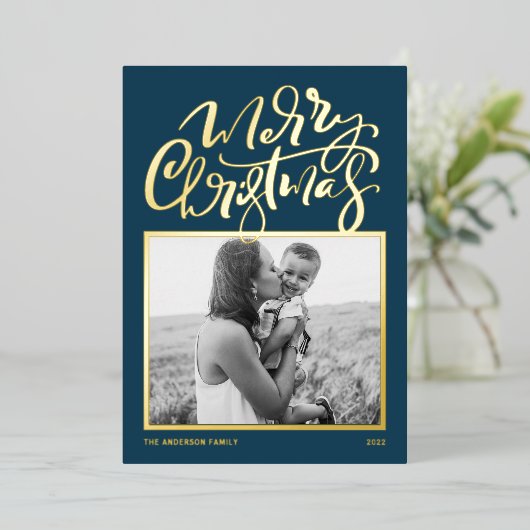 Carte De Vœux En Aluminium Blue Modern Calligraphie Photo Joyeux Noël Foi (Debout devant)