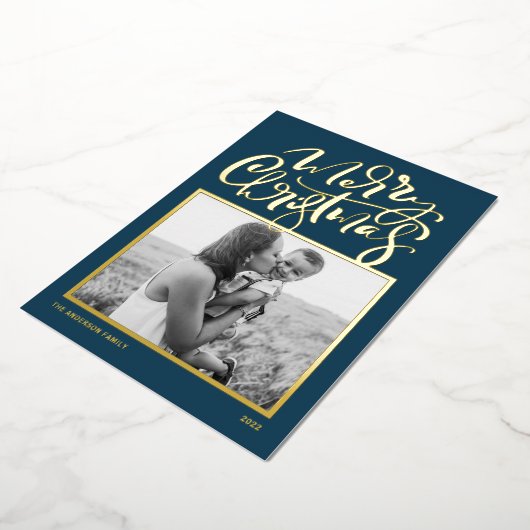 Carte De Vœux En Aluminium Blue Modern Calligraphie Photo Joyeux Noël Foi (Rotation)