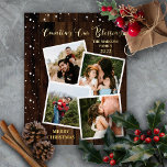 Carte De Vœux En Aluminium Bois Rustique Woodsy Comptant Nos Bénédictions 4 P<br><div class="desc">Bois rustique taché faux foncé "Counting Our Blessings" quatre photos encadrées collage vacances design avec du texte en feuille d'or réel à l'avant et avec un motif de flocon de neige sur le bois foncé comme un arrière - plan à l'arrière. Ajoutez simplement votre nom de famille et l'année ainsi...</div>