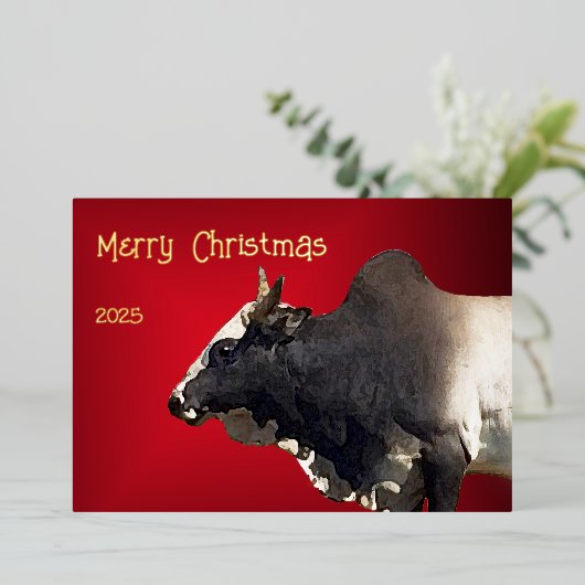 Carte De Vœux En Aluminium Bold Red Brahma Bull Cattle Farmer Christmas (Debout devant)