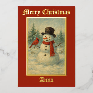 Carte De Vœux En Aluminium Bonhomme de neige vintage et oiseau rouge Noël