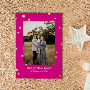 Carte De Vœux En Aluminium Bonne année simple étoiles une photo rose vif