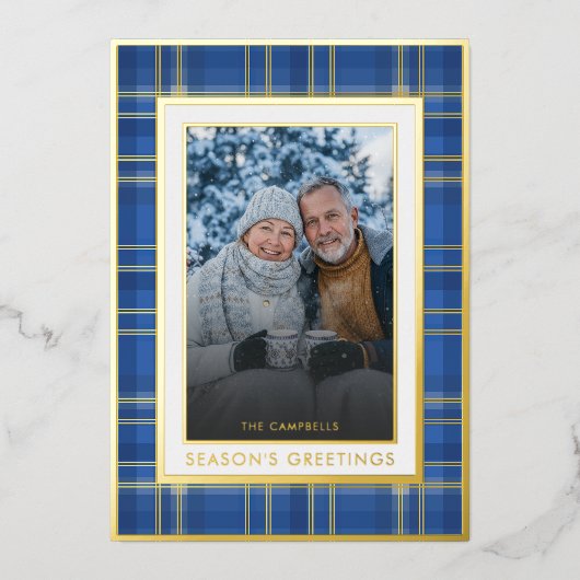 Carte De Vœux En Aluminium Bonnes Fêtes Classic Blue Gold Plaid (Recto)