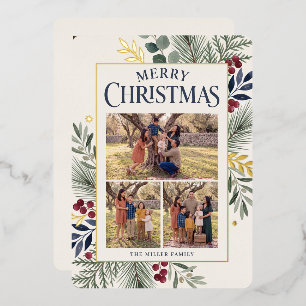 Carte De Vœux En Aluminium Bordure Botanique Trois Photos Joyeux Noël