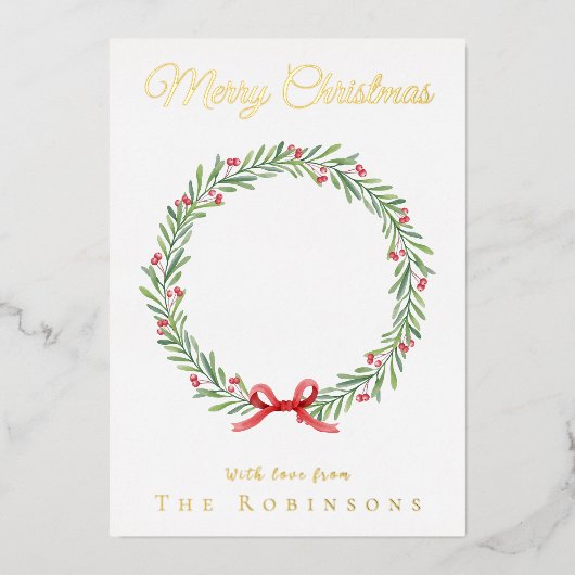 Carte De Vœux En Aluminium Botanical Christmas Wreath Modern Gold Script (Recto)