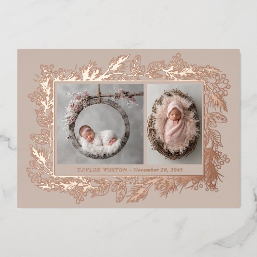 Carte De Vœux En Aluminium Botanical Frame Winter Foliage New Baby Birth (Recto)
