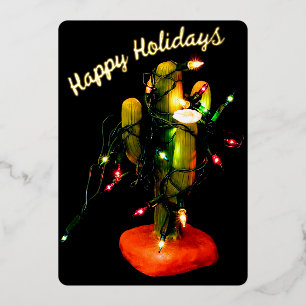 Carte De Vœux En Aluminium Bougie Cactus Enveloppé de Lumières de Noël