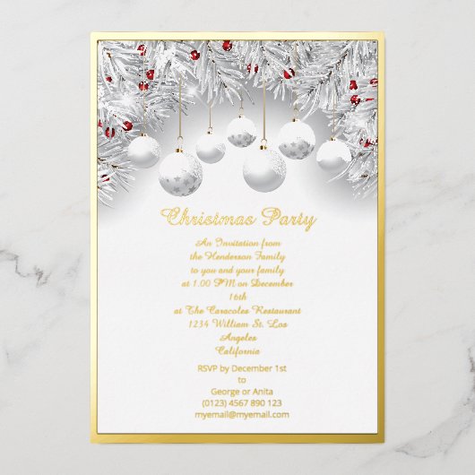 Carte De Vœux En Aluminium Boules de Noël en neige blanche véritable feuille  (Recto)