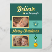 Carte De Vœux En Aluminium Boules de Noël étoiles flocon de neige photos vert (Recto)