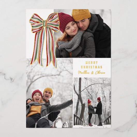 Carte De Vœux En Aluminium Bow rouge vert rayé Joyeux Noël Photo (Recto)