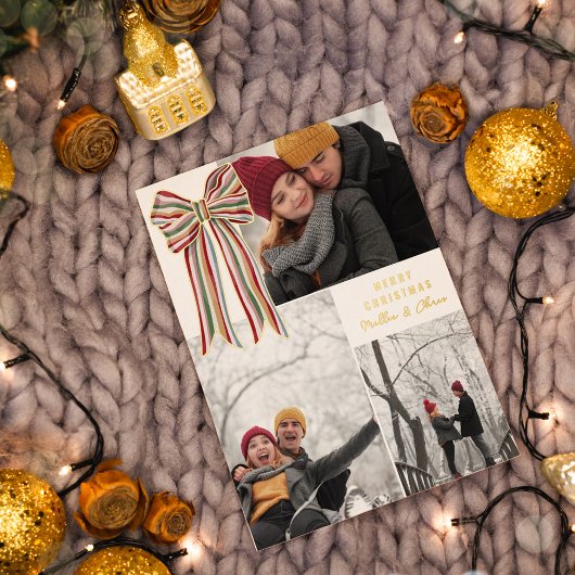 Carte De Vœux En Aluminium Bow rouge vert rayé Joyeux Noël Photo