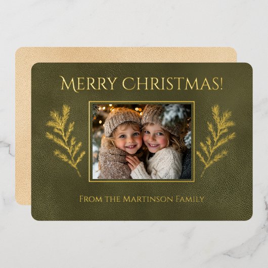 Carte De Vœux En Aluminium Branches de pin de Noël Joyeux Vert Photo (Recto/Verso)