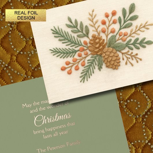 Carte De Vœux En Aluminium Broderie Noël Floral Sprig Pinecone Crème