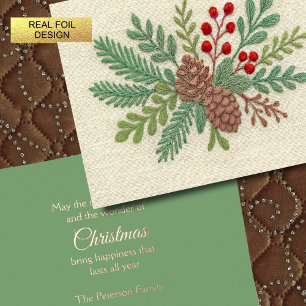 Carte De Vœux En Aluminium Broderie Noël Floral Sprig Pinecone Rouge