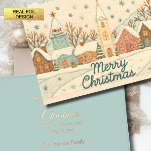 Carte De Vœux En Aluminium Broderie Noël Snowy Village scène