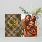 Carte De Vœux En Aluminium Brown Plaid Monogram Photo Christmas (Debout devant)