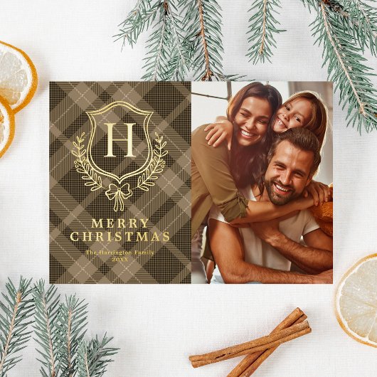 Carte De Vœux En Aluminium Brown Plaid Monogram Photo Christmas