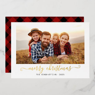 Carte De Vœux En Aluminium Buffalo Plaid Script Joyeux Noël Photo
