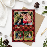 Carte De Vœux En Aluminium Buffle rouge moderne Plaid Christmas Photo Collage<br><div class="desc">La carte de vacances photo plaid moderne et festive comprend un collage de 3 photos encadrées par une bordure et des accents de feuille d'or réel et aquarelle peinte à la main rouge et noir buffle en plaid chèque arrière - plan à motifs. Personnalisez le texte personnalisé "Joyeux Noël" avec...</div>