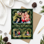 Carte De Vœux En Aluminium Buffle vert moderne Plaid Christmas Photo Collage<br><div class="desc">La carte de vacances photo plaid moderne et festive comprend un collage de 3 photos encadrées par une bordure et des accents de feuille d'or réel et aquarelle peinte à la main arrière - plan à motif de cartons de buffle vert et noir. Personnalisez le texte personnalisé "Joyeux Noël" avec...</div>