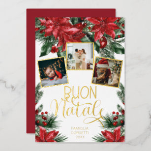 Carte De Vœux En Aluminium Buon Natale Red Poinsettia Green Photo Collage