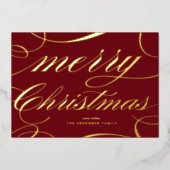 Carte De Vœux En Aluminium Burgundy Elegant Flourish Script Merry Christmas (Recto)