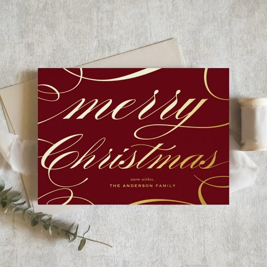 Carte De Vœux En Aluminium Burgundy Elegant Flourish Script Merry Christmas