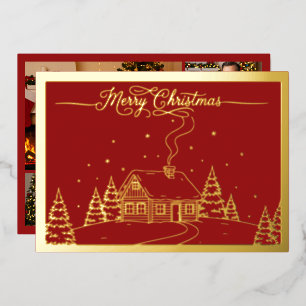 Carte De Vœux En Aluminium Cabine d'hiver douillet, Joyeux Noël en Rouge, Or