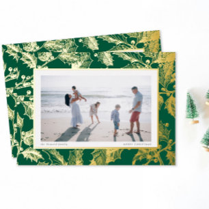 Carte De Vœux En Aluminium Cadre de houx doré vert Noël traditionnel