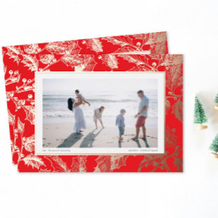 Carte De Vœux En Aluminium Cadre de Noël traditionnel au houx doré rouge