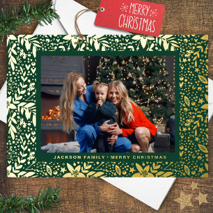 Carte De Vœux En Aluminium Cadre photo de Noël botanique vert et OR