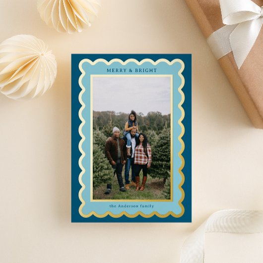 Carte De Vœux En Aluminium Cadre photo Sky Blue et Navy Preppy Scallop