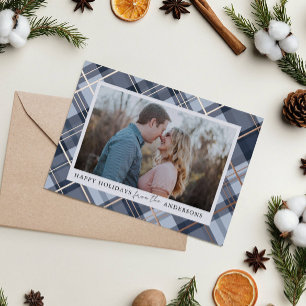 Carte De Vœux En Aluminium Cadre Plaid Bleu Noël Real Foil Photo