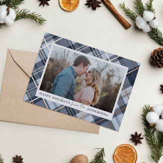 Carte De Vœux En Aluminium Cadre Plaid Bleu Noël Real Foil Photo