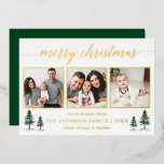 Carte De Vœux En Aluminium Calligraphie 3 Photo Noël Vert Pins Or<br><div class="desc">Calligraphie moderne Gold Foil Script 3 Photo Famille Collage de photos Joyeux Noël Carte inclut Aquarelle Pine Arbres - Vos photos dans cadres Gold Foil avec un retour vert Forêt</div>