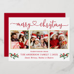 Carte De Vœux En Aluminium Calligraphie Coeur 3 Photo Noël Holly Red Gold<br><div class="desc">Calligraphie moderne Gold Foil Script 3 Photo Famille Collage de photos Joyeux Noël Card inclut Watercolor Red Holly Berries - Vos photos dans Gold Foil Frames avec un Red Back</div>