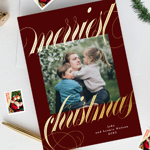 Carte De Vœux En Aluminium calligraphie de joyeux noël marron une photo