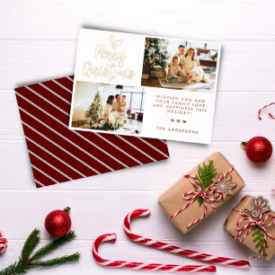 Carte De Vœux En Aluminium Calligraphie Deux photos Stried Noël Rose Or